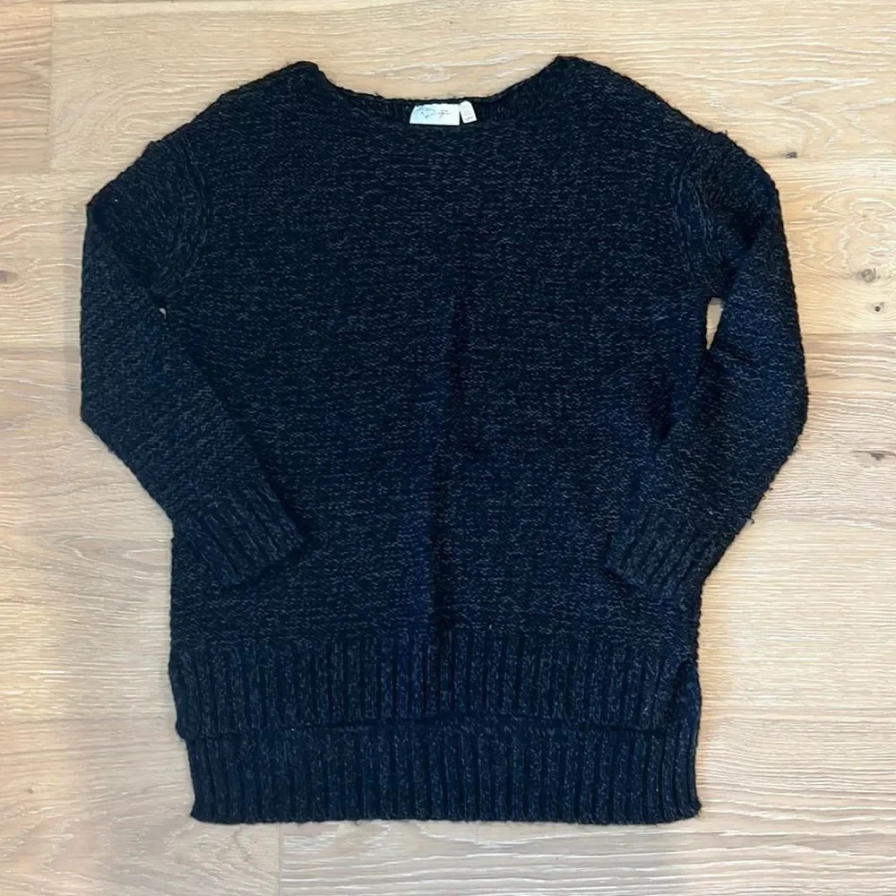 Women’s Black Split Hem Longline Crewneck Chunky Knit Winter Sweater Size Small
